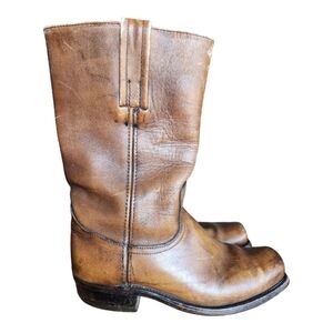 60s 70s Vintage Frye Campus Square Toe Boots 8.5 D Cognac Distressed Leather